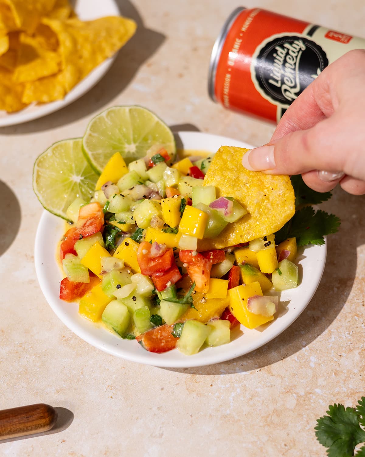 Mango Cucumber Salsa and a Liquid Remedy Kombucha can