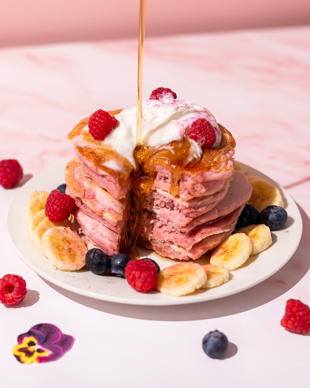 Liquid Remedy Kombucha next to Pink Pancakes